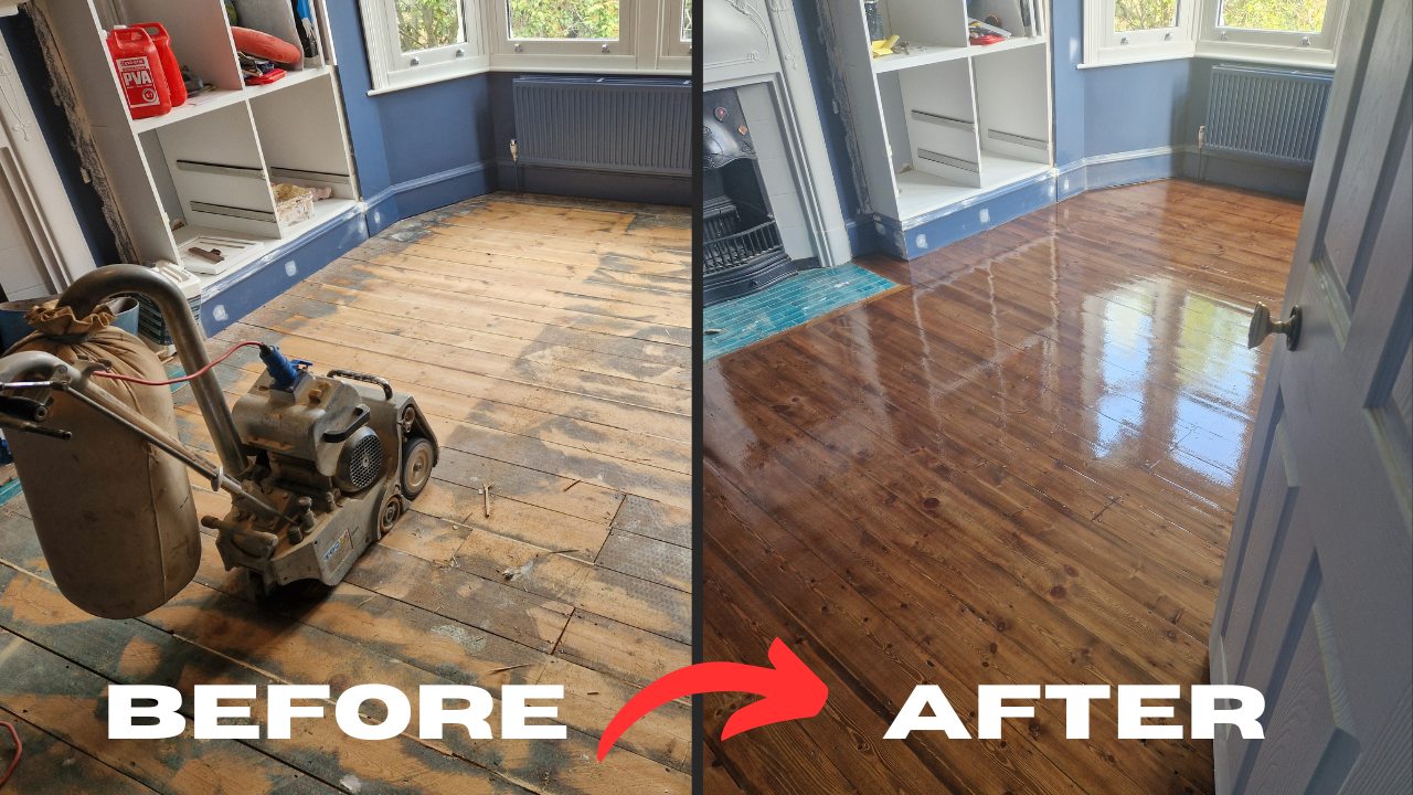 Before and after image showing the transformation of Victorian pine floorboards in a Catford home through expert wood floor sanding.