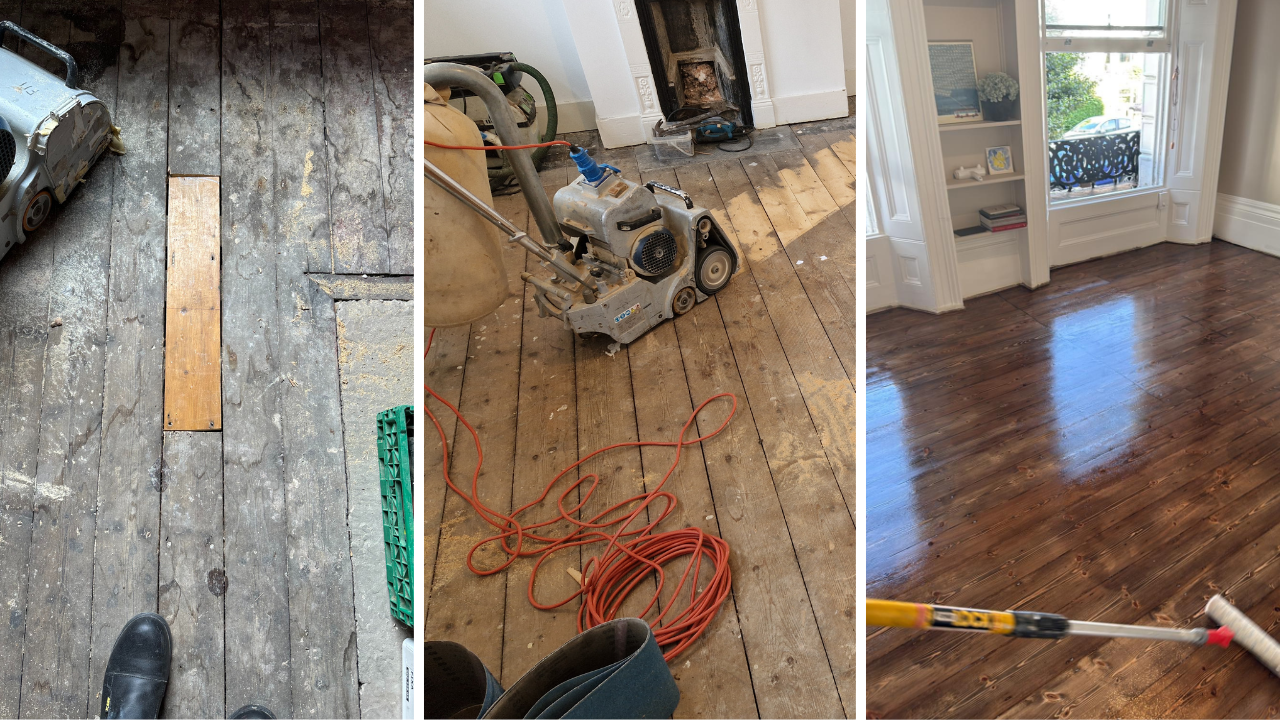 Before, during, and after images of Victorian pine floors undergoing expert wood floor sanding in a Catford home.