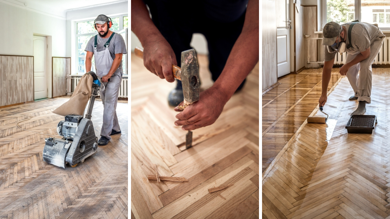 Three-step process of Professional Wood Floor Sanding in Catford showing sanding, repair, and varnishing on herringbone parquet flooring.