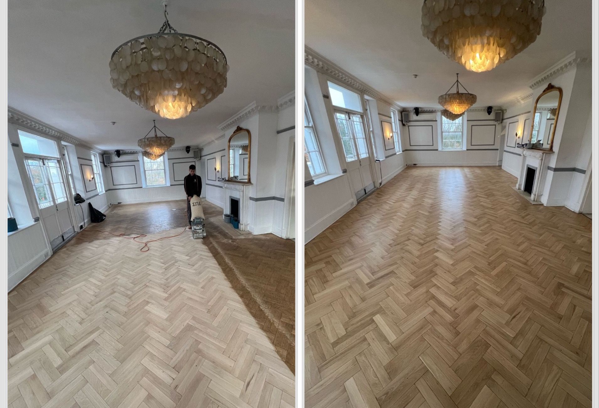 Before and after image of parquet oak flooring undergoing Professional Wood Floor Sanding in a Catford property.