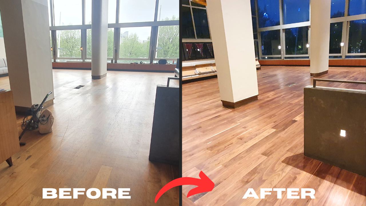 Pub Refurbs in Catford – before-and-after of walnut hardwood plank floor, sanded, colour-stained and lacquered to revive a high-traffic bar area.