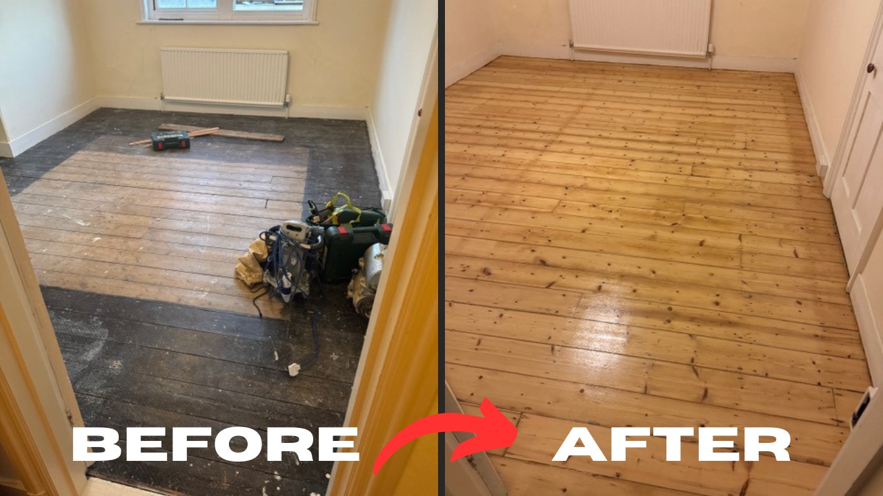 Wood Floor Sanding in Catford – before and after restoration of original pine softwood floorboards in a bedroom.
