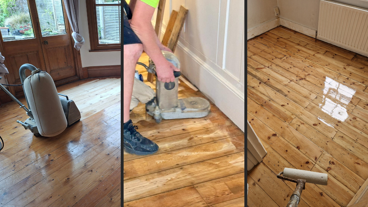 Wood Floor Sanding in Catford on original pine softwood floorboards, showing sanding, edging and sealing stages of the restoration process.