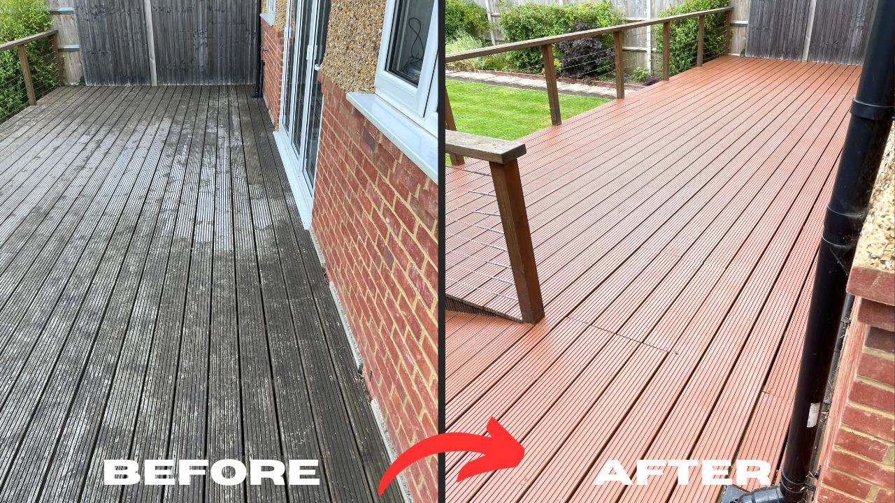 Before and after Deck Sanding and Renewal in Catford on weathered grooved softwood garden decking boards outside a brick house, showing a clean, richly coloured finish.