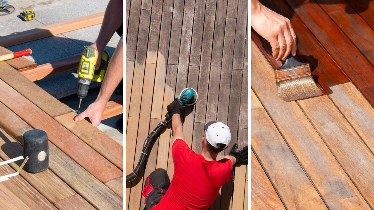 Three-stage Deck Sanding and Renewal in Catford on hardwood timber garden decking floorboards, showing repairs, sanding and fresh protective coating being applied.