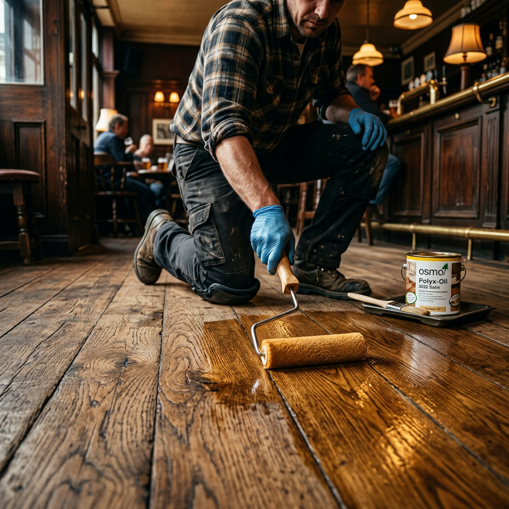 Professional applying Osmo Hardwax Oil to a rustic oak pub floor in Catford.