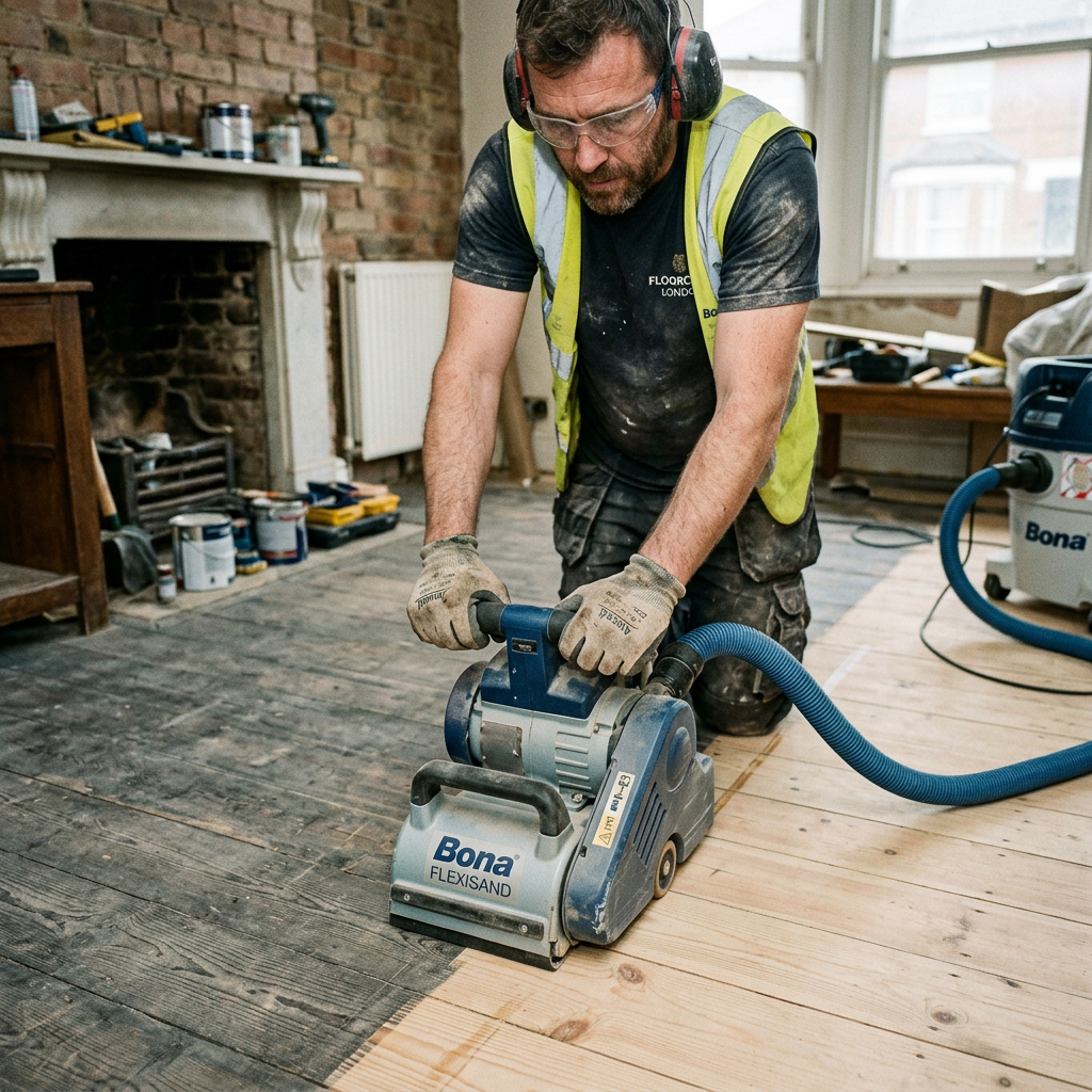 Professional Floor Sanding Tradesman Professional floor sander using a Bona Flexisand machine with dust extraction in a Catford home