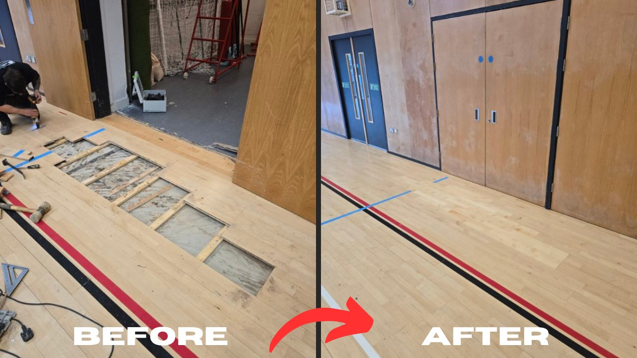 A split-screen comparison showing a dramatic floor repair project in a Catford SE6 school hall. The left side (Before) shows a worker sanding a large, gaping hole in the wooden floor, exposing joists. The right side (After) shows the same floor area fully repaired, sanded, and uniform with closed light wood doors. Red and black court lines run continuously through the repaired area.A split-screen comparison showing a dramatic floor repair project in a Catford SE6 school hall. The left side (Before) shows a worker sanding a large, gaping hole in the wooden floor, exposing joists. The right side (After) shows the same floor area fully repaired, sanded, and uniform with closed light wood doors. Red and black court lines run continuously through the repaired area.