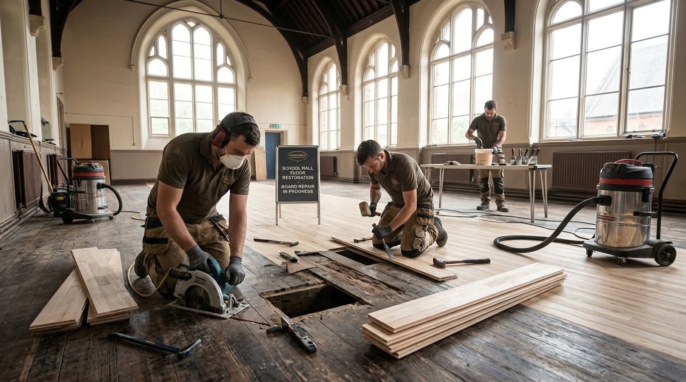 Professional contractors performing structural board repairs and sanding on a Victorian school hall floor in Catford SE6, showing the contrast between old dark wood and new light timber.