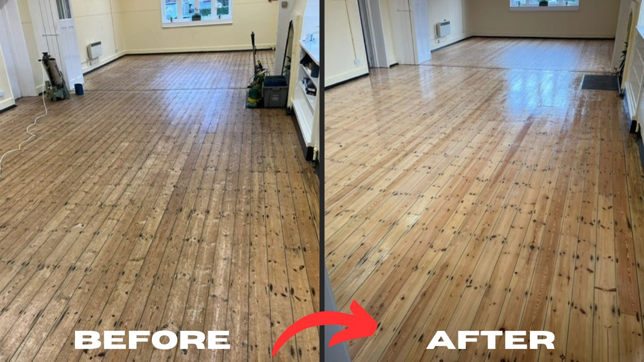 A side-by-side before and after comparison of a school floor restoration in Catford SE6, showing the transformation from worn, dark timber to a bright, professionally sanded and lacquered finish.