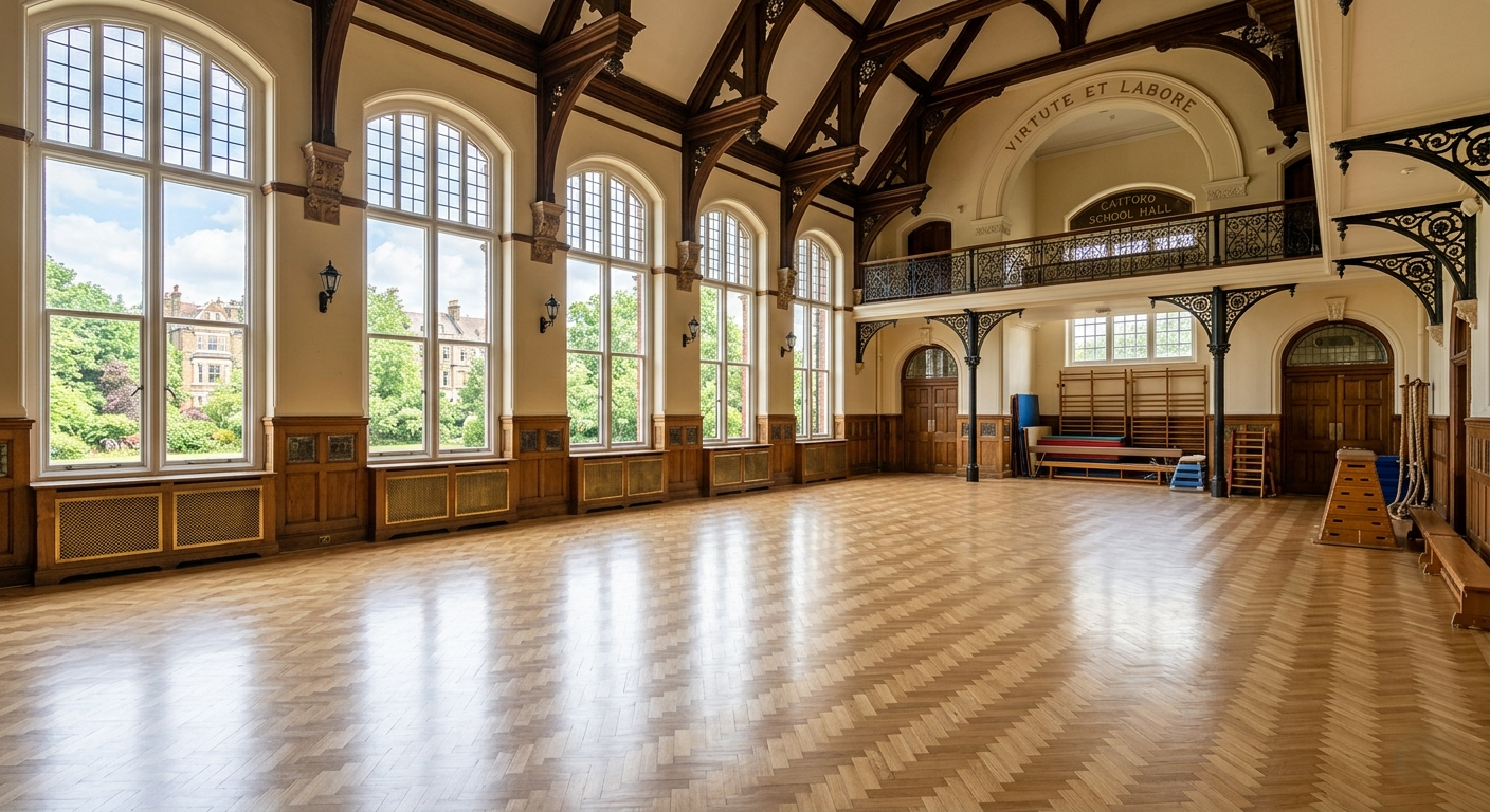 A wide-angle view of a large, historic school hall in Catford, SE6, featuring a freshly polished and restored light oak herringbone parquet floor reflecting natural light from tall windows.