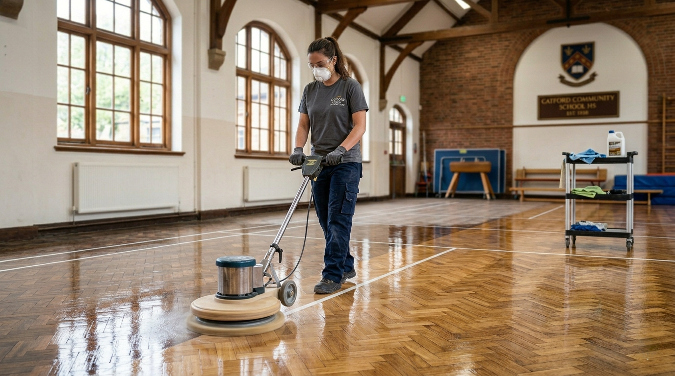 A professional floor sanding contractor using a heavy-duty floor polisher on a traditional parquet wood floor in a Catford school hall.
