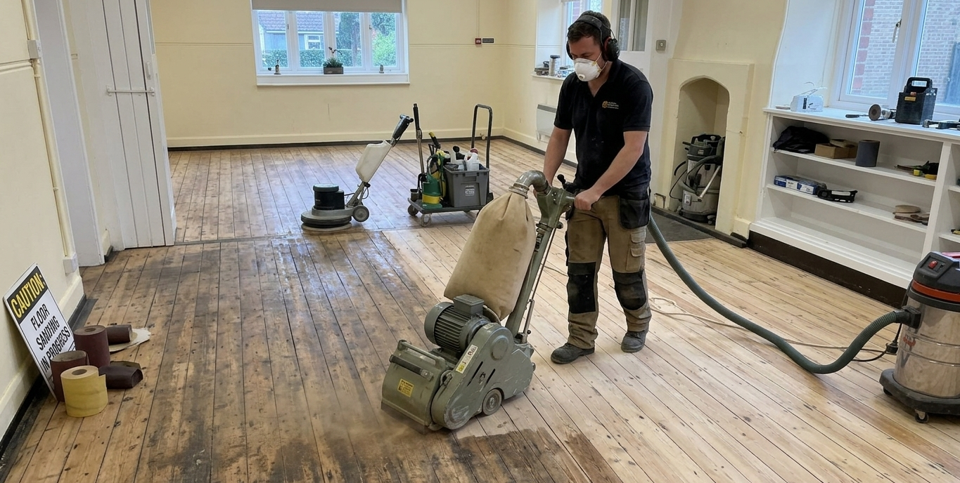 A professional school floor sanding contractor in Catford SE6 using dust-free industrial machinery to restore a worn wooden hall floor, highlighting the contrast between the old dark finish and the fresh, sanded timber.