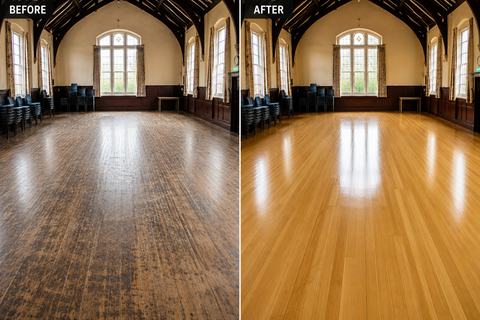 Before and after comparison of village hall floor restoration – worn scratched wooden floor transformed into a smooth glossy finish by professional sanding