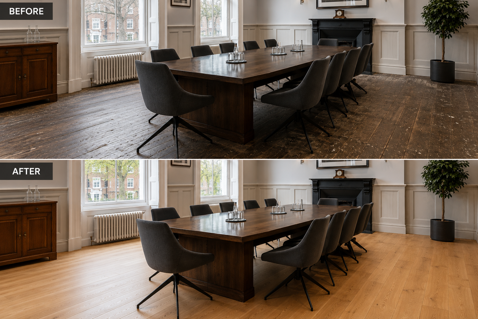 Before and after comparison of boardroom floor sanding in Catford SE6, showing a worn, scratched dark timber floor transformed into a bright, smooth light oak hardwood floor with a professional conference table and chairs.